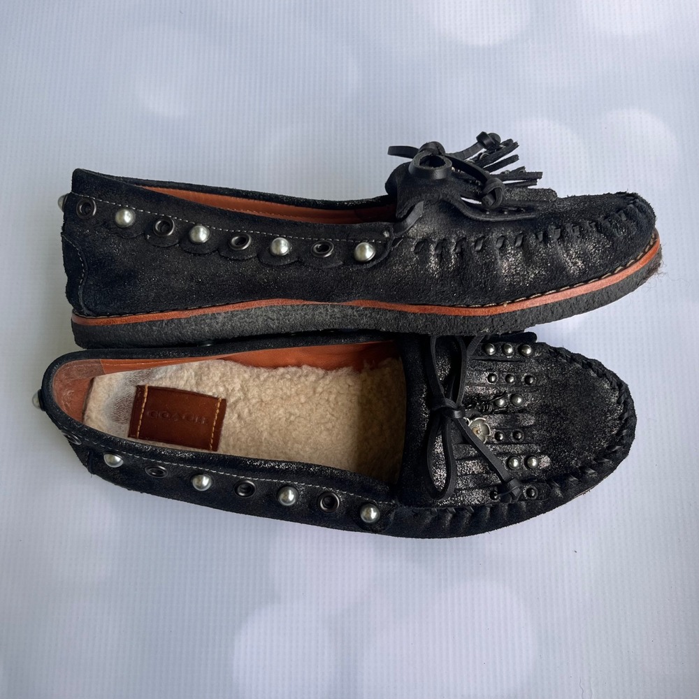 COACH Rexy Roccasin Glitter Pearl Leather Shearling Western Moccasin Loafers 8 - Picture 2 of 11